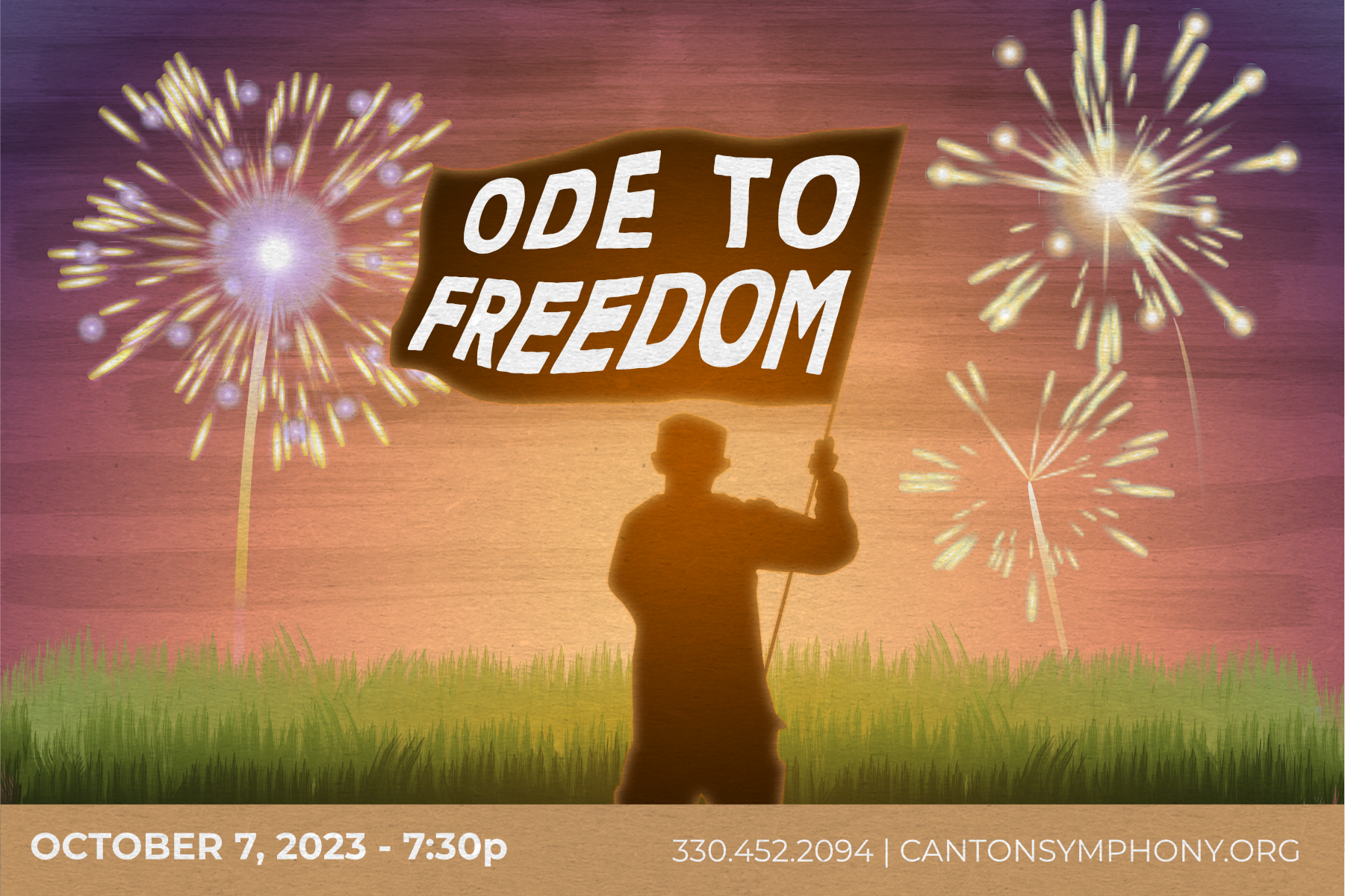 Graphic depicting a man waving a flag that says "Ode to Freedom," framed by fireworks.