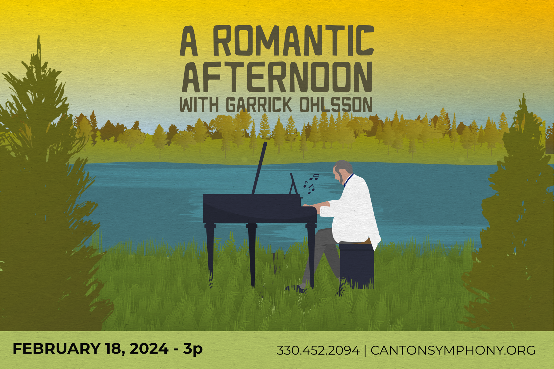 A graphic depicting world famous pianist, Garrick Ohlsson, playing a piano in the woods next to a beautiful lake. "A Romantic Afternoon with Garrick Ohlsson" is displayed in a simple font at the top of the graphic.