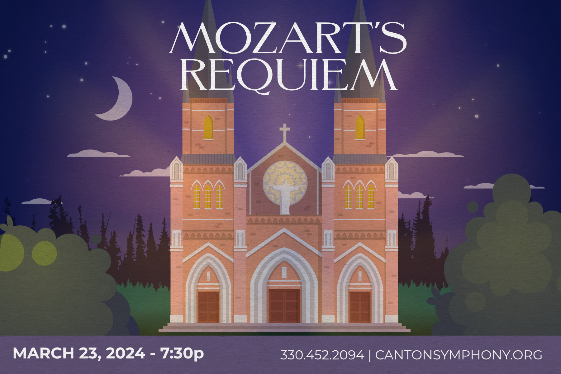 A graphic depicting a large, gothic cathedral framed by a gorgeously purple night sky. "Mozart's Requiem" punches through at the top of the graphic.