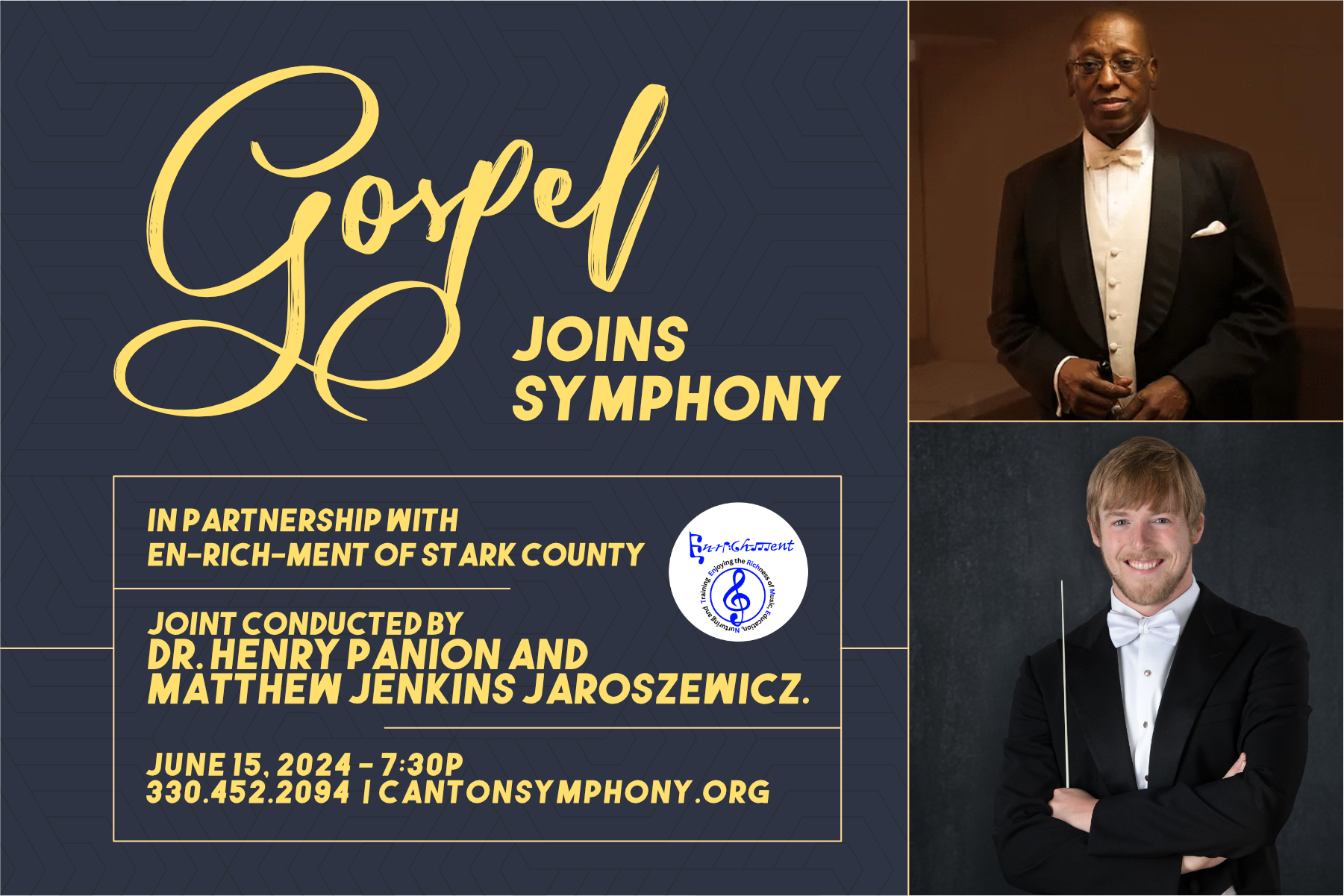 A graphic created for the Gospel Meets the Symphony concert. It includes images of Dr. Henry Panion, III and Matthew Jenkins Jaroszewicz, who will joint-conduct the concert.