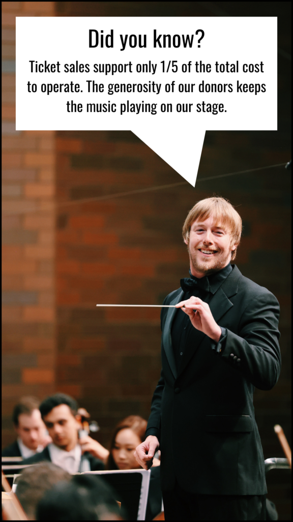 Music Director Matthew Jenkins Jaroszewicz points to a comment bubble detailing that the Canton Symphony Orchestra only covers 1/5 of the cost to operate from earned revenue sources.